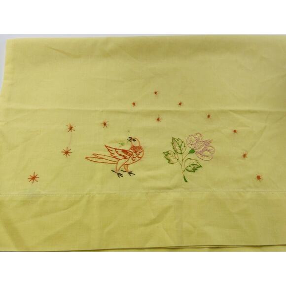 Vintage Embroidered Pillowcase Yellow Orange Bird Cannon Monticello Pink Flower - Picture 1 of 9